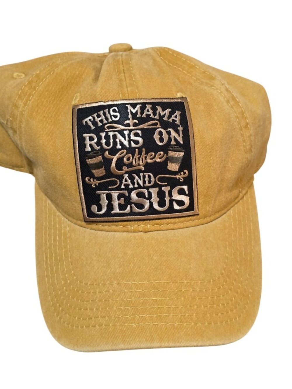 This Mama Runs On Coffee & Jesus Mustard Yellow Adjustable Baseball Cap - Picture 5 of 8